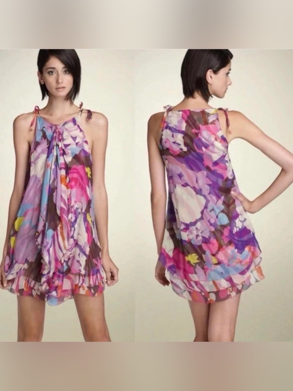 Diane Von Furstenberg Pink & Purple Floral Tie-Shoulder Mini Dress